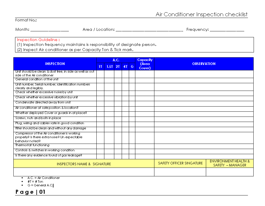 Air conditioner inspection checklist